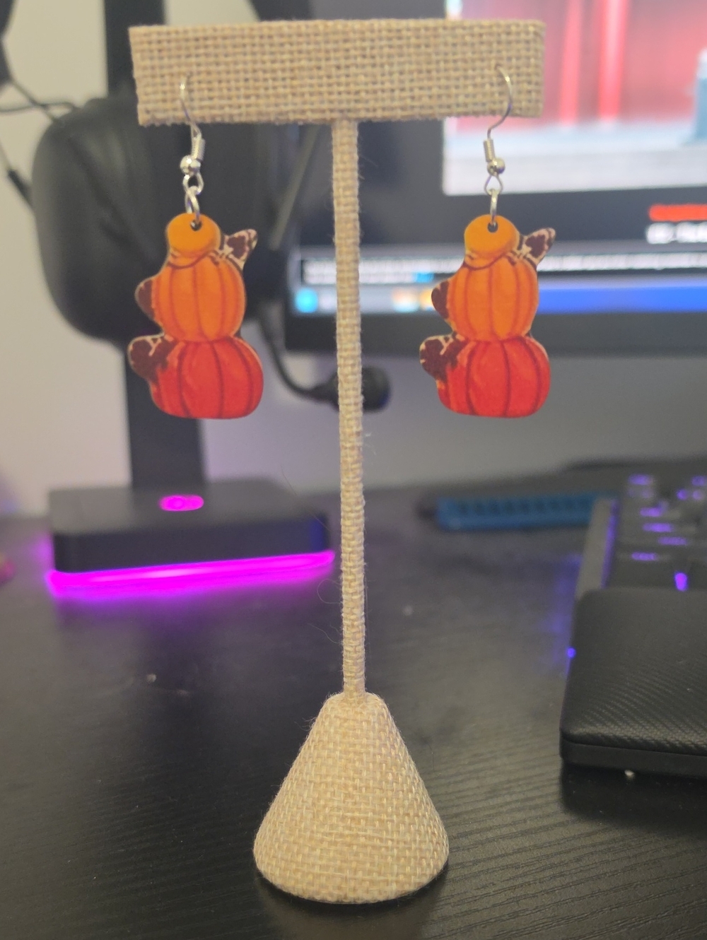 Autumn Fall Stack Pumpkin Dangle Earrings - Orange